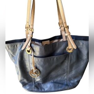 Michael Kors Dark Blue and Tan Leather Jet Set Tote